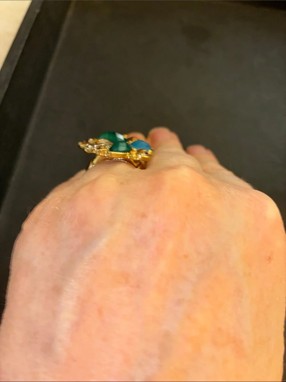 Multistone Cocktail Stretch Ring with Green and Teal Accents